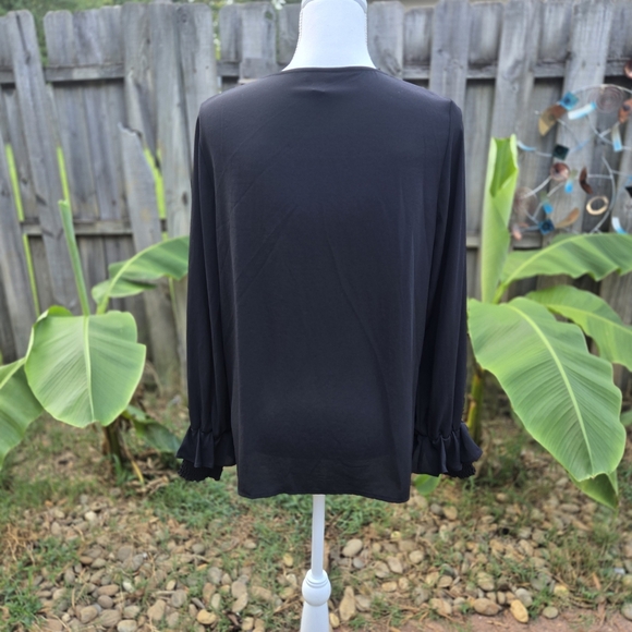 Pleione Medium Black Blouse with Ruffle Sleeves Light Weight Sheer Minimalist - Picture 4 of 8